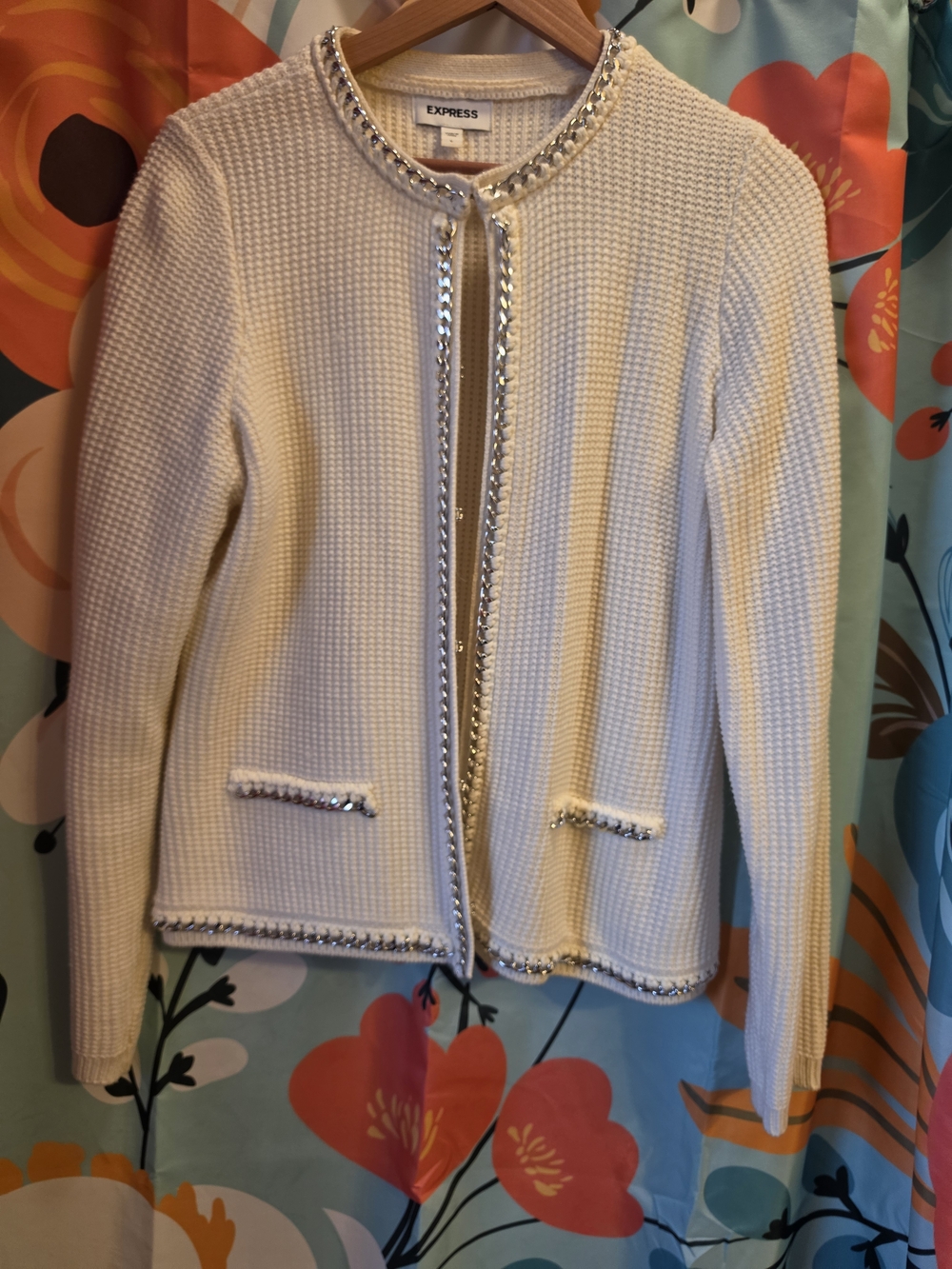 Express Cream Textured Chain-Trim Blazer